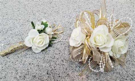 gold boutonniere and corsage|wrist corsage and boutonniere set.